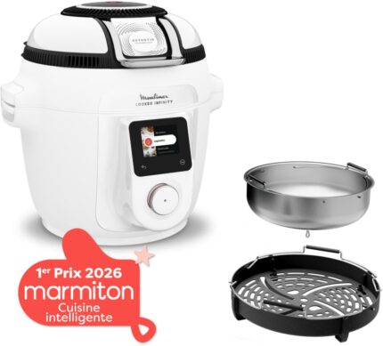 MOULINEX Cookeo Infinity Airfryer Multicooker, sin pala, blanco CE9721F0, 16 modos de cocción, 6,5 L