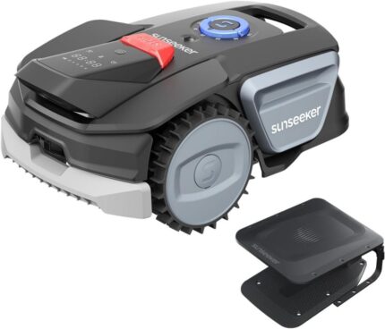 Cortacésped robótico SUNSEEKER V1, sin cable perimetral, área de 300 m², garaje, ideal para jardines pequeños.
